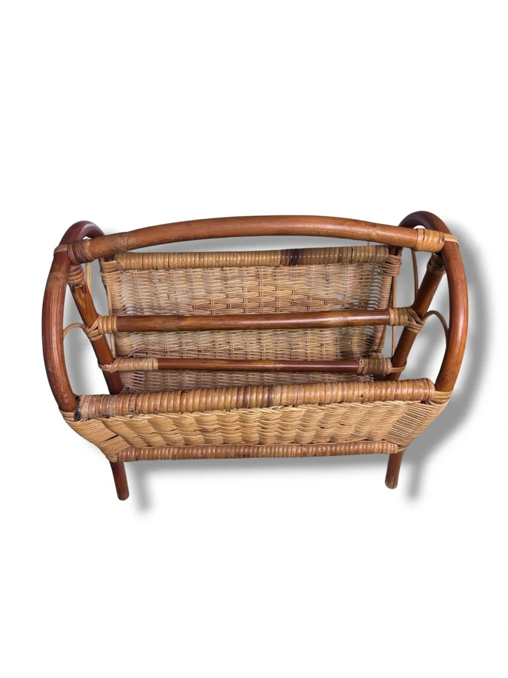 VINTAGE Bamboo Wicker Rattan Woven Magazine Holder Heart End Details